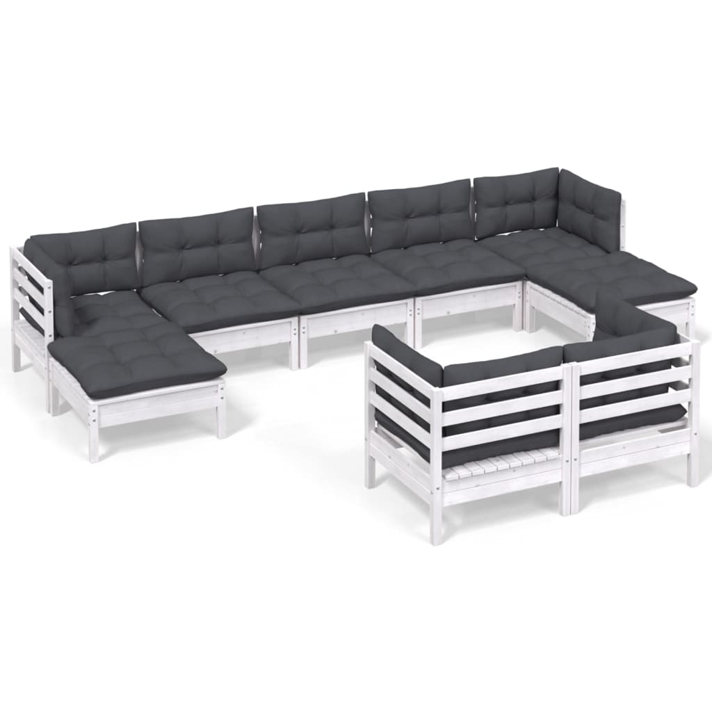 Muebles de jardín 9 pzas y cojines blanco madera maciza de pino