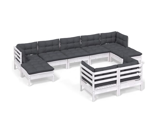 Muebles de jardín 9 pzas y cojines blanco madera maciza de pino