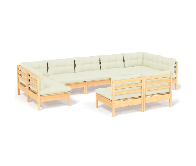 Muebles de jardín 9 pzas y cojines madera maciza de pino crema
