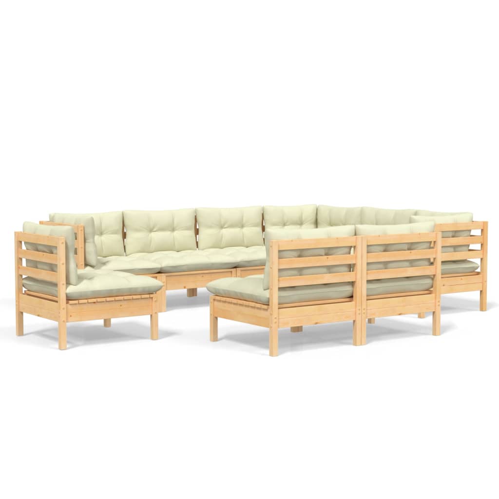 Muebles de jardín 9 pzas y cojines madera maciza de pino crema