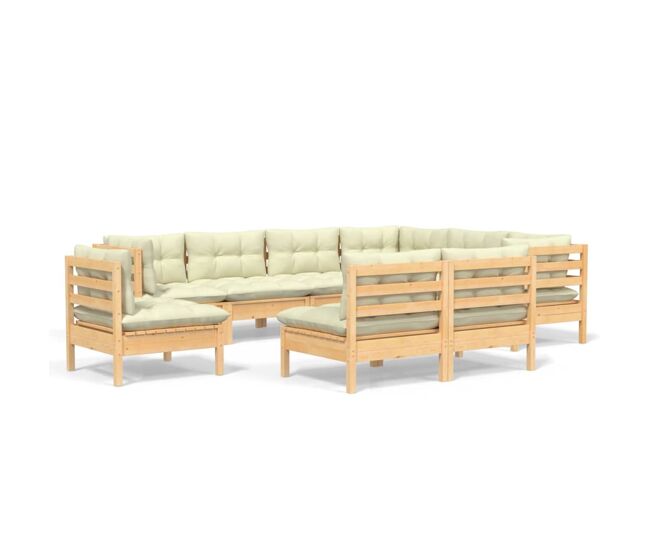 Muebles de jardín 9 pzas y cojines madera maciza de pino crema