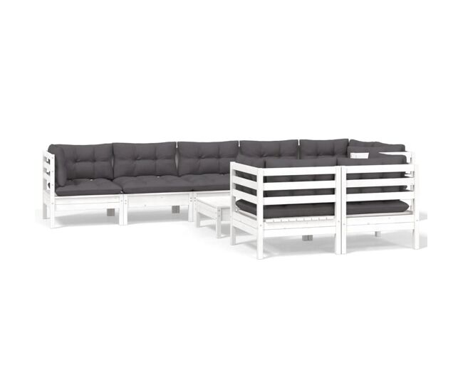 Muebles de jardín 9 pzas con cojines blanco madera maciza pino