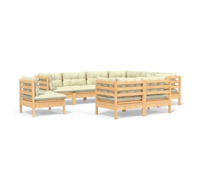 Muebles de jardín 9 pzas y cojines madera maciza de pino crema