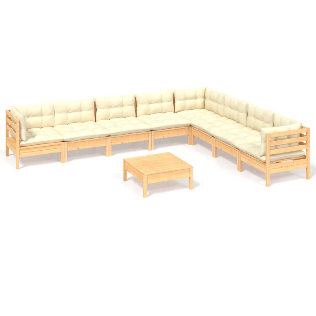 Muebles de jardín 9 pzas y cojines madera maciza de pino crema