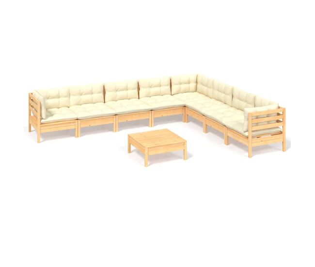 Muebles de jardín 9 pzas y cojines madera maciza de pino crema
