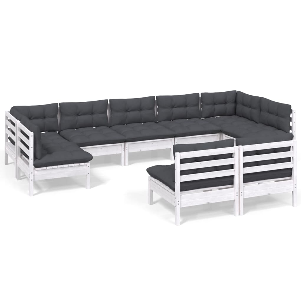 Muebles de jardín 9 pzas y cojines blanco madera maciza de pino
