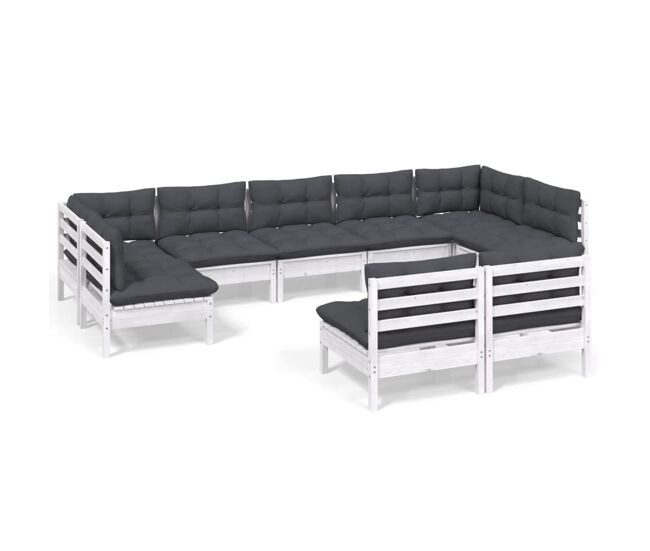 Muebles de jardín 9 pzas y cojines blanco madera maciza de pino
