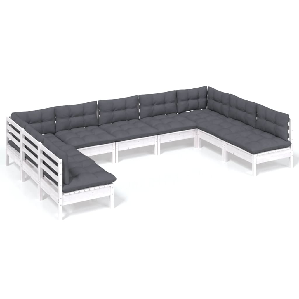 Muebles de jardín 9 pzas y cojines blanco madera maciza de pino