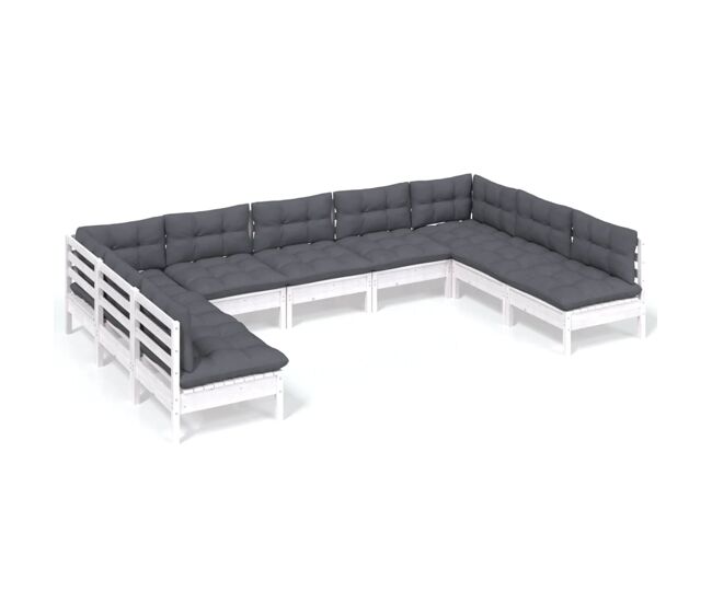 Muebles de jardín 9 pzas y cojines blanco madera maciza de pino