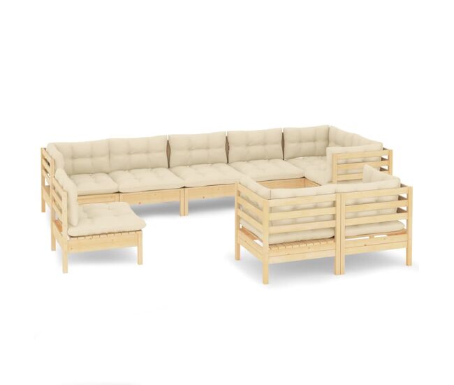 Muebles de jardín 9 pzas y cojines madera maciza de pino crema
