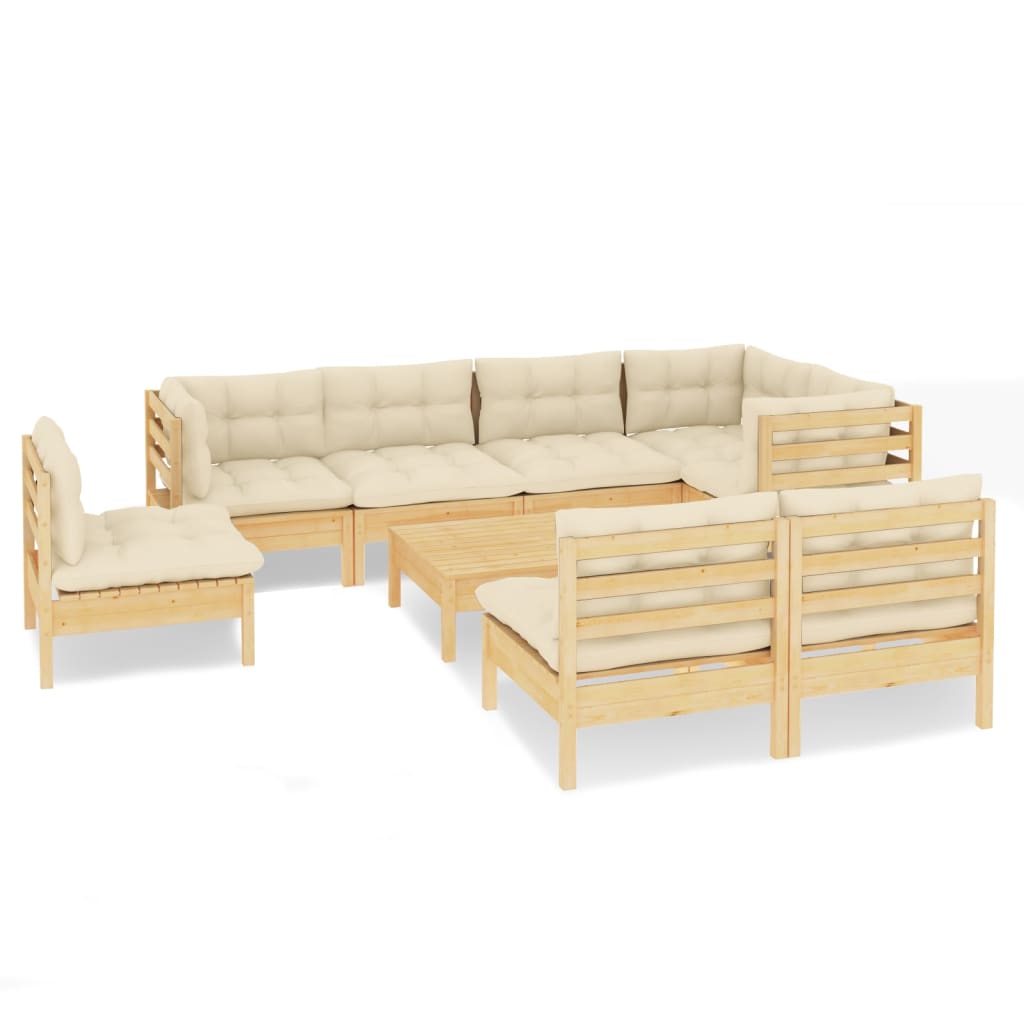 Muebles de jardín 9 pzas y cojines madera maciza de pino crema