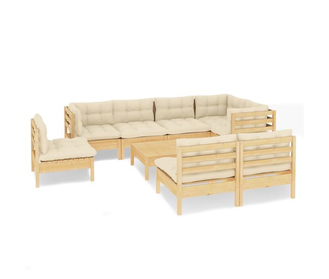 Muebles de jardín 9 pzas y cojines madera maciza de pino crema