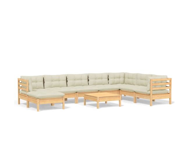 Muebles de jardín 9 pzas y cojines madera maciza de pino crema