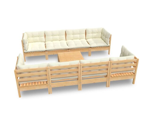 Muebles de jardín 9 pzas y cojines madera maciza de pino crema