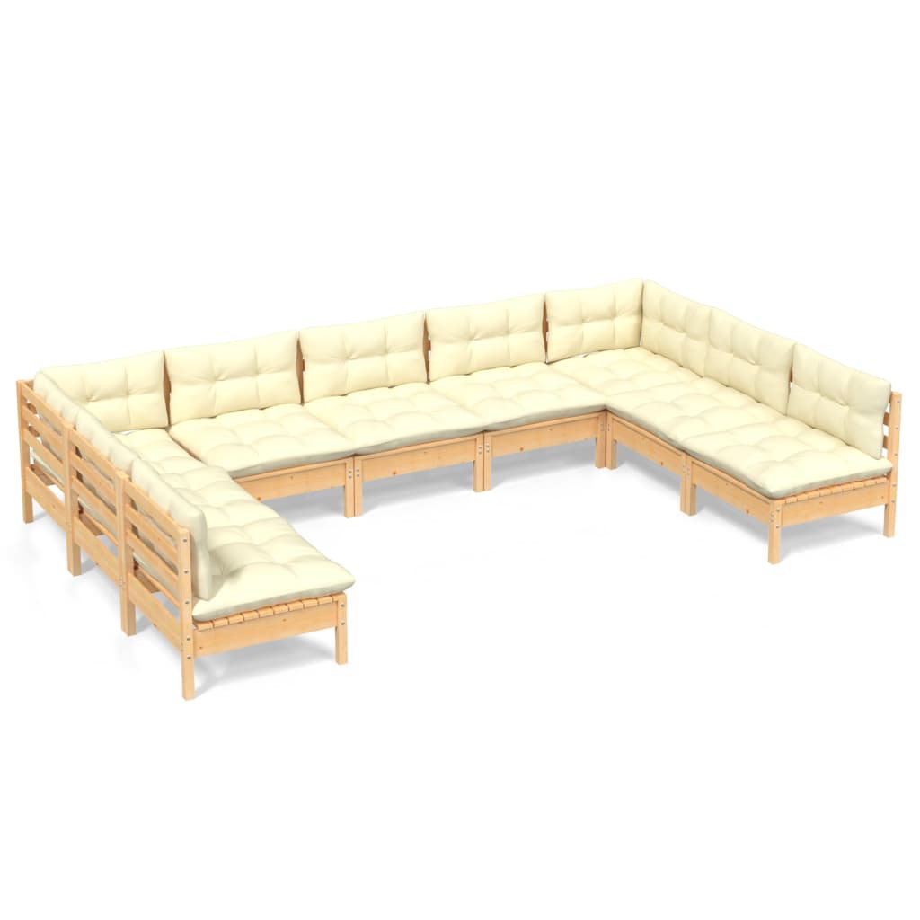 Muebles de jardín 9 pzas y cojines madera maciza de pino crema