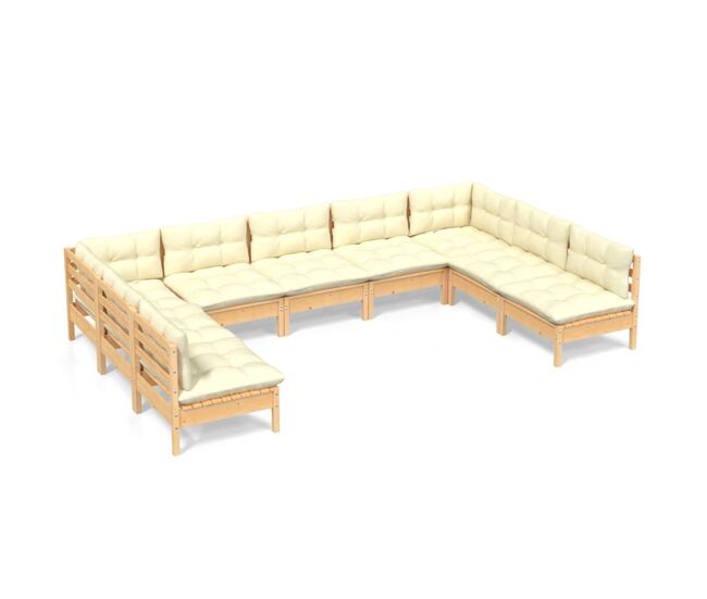 Muebles de jardín 9 pzas y cojines madera maciza de pino crema