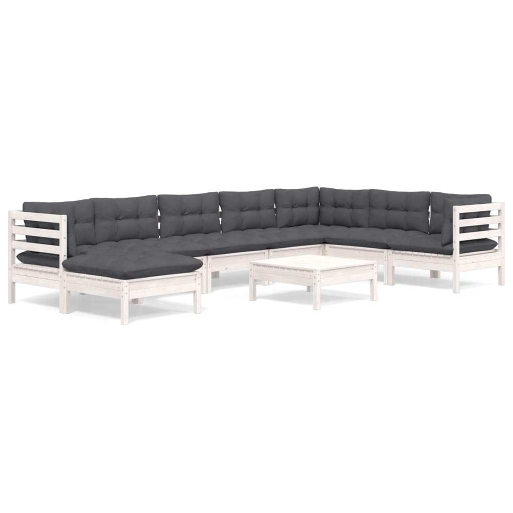 Muebles de jardín 9 pzas y cojines blanco madera maciza de pino