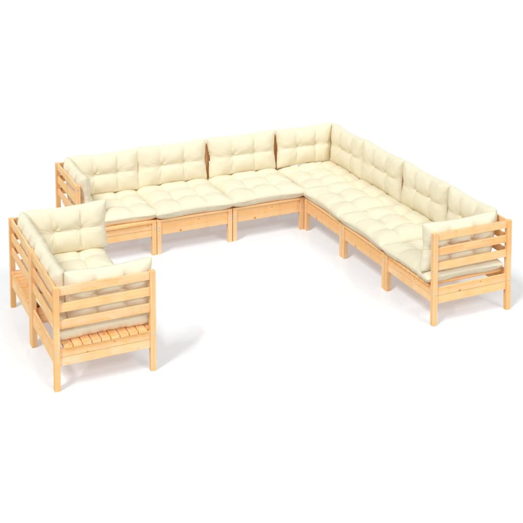 Muebles de jardín 9 pzas y cojines madera maciza de pino crema