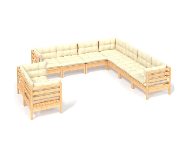 Muebles de jardín 9 pzas y cojines madera maciza de pino crema