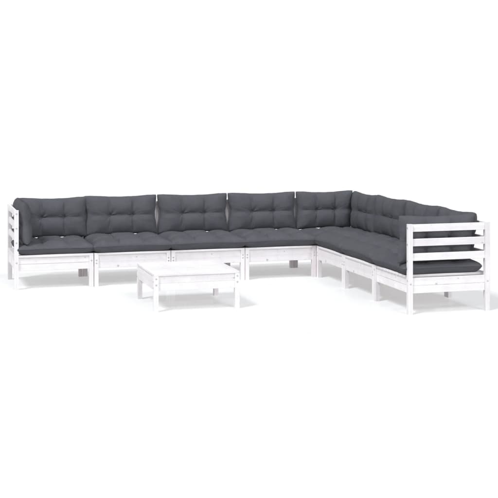 Muebles de jardín 9 pzas y cojines blanco madera maciza de pino