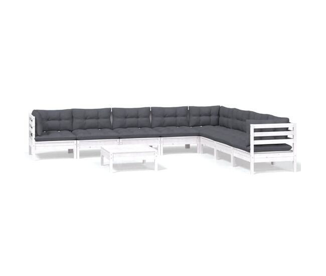 Muebles de jardín 9 pzas y cojines blanco madera maciza de pino