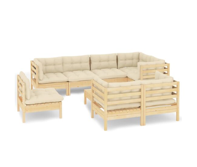 Muebles de jardín 9 pzas y cojines madera maciza de pino crema