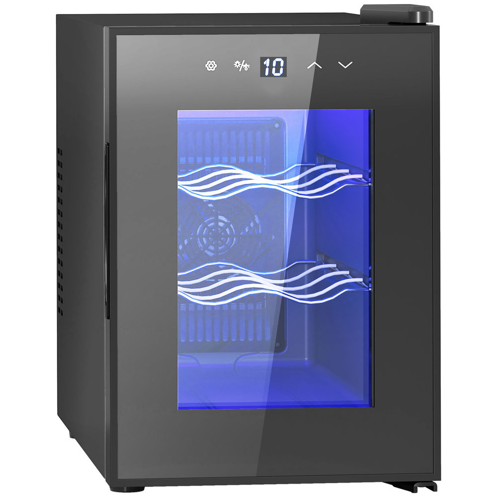 Homcom vinoteca 6 botellas, nevera para vinos con doble refrigeración termoeléctrica, temperatura ajustable 8-18℃, puerta de vidrio, anti-uv, pantalla led, luz interior, negro