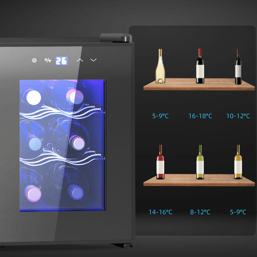 HOMCOM Cave de Vinho para 6 Garrafas com Luz LED Interior Ecrã Tátil Digital Controlo de Temperatura Porta de Vidro Temperado com Proteção UV e 2 Prateleiras Ajustáveis 26,5x51,5x39,3 cm Preto