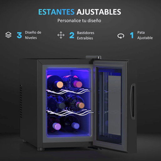 HOMCOM Cave de Vinho para 6 Garrafas com Luz LED Interior Ecrã Tátil Digital Controlo de Temperatura Porta de Vidro Temperado com Proteção UV e 2 Prateleiras Ajustáveis 26,5x51,5x39,3 cm Preto