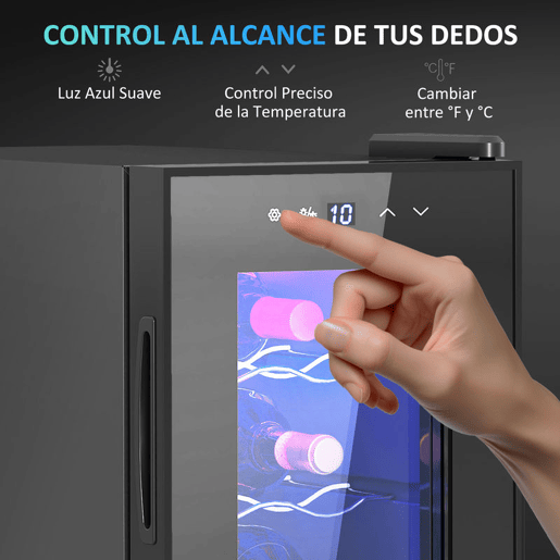 HOMCOM Cave de Vinho para 6 Garrafas com Luz LED Interior Ecrã Tátil Digital Controlo de Temperatura Porta de Vidro Temperado com Proteção UV e 2 Prateleiras Ajustáveis 26,5x51,5x39,3 cm Preto