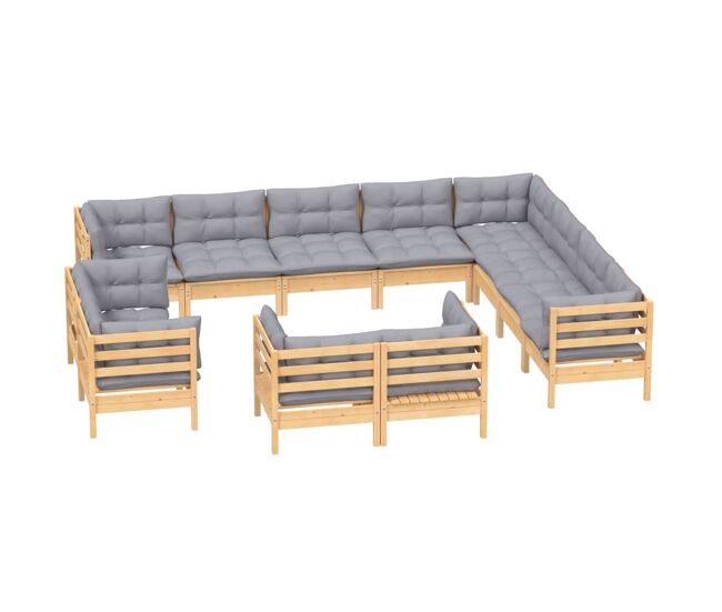 Juego de muebles de jardín 12 pzas y cojines madera maciza pino