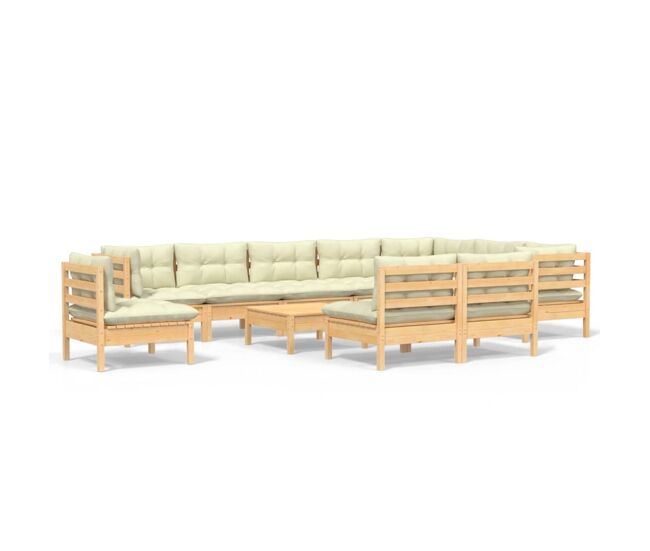 Muebles de jardín 11 pzas y cojines madera maciza de pino crema