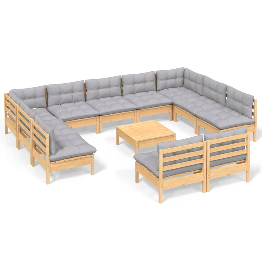 Muebles de jardín 12 pzas y cojines gris madera maciza de pino