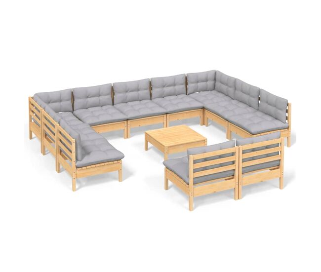 Muebles de jardín 12 pzas y cojines gris madera maciza de pino