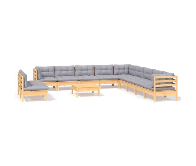 Juego de muebles de jardín 12 pzas y cojines madera maciza pino