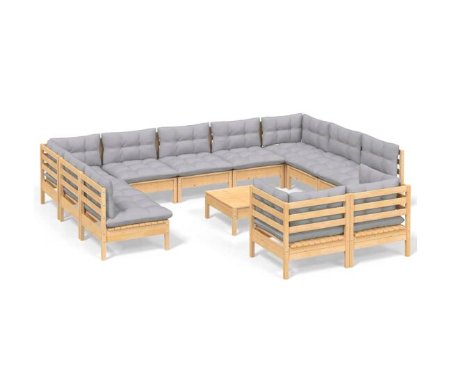 Juego de muebles de jardín 12 piezas y cojines madera maciza pino