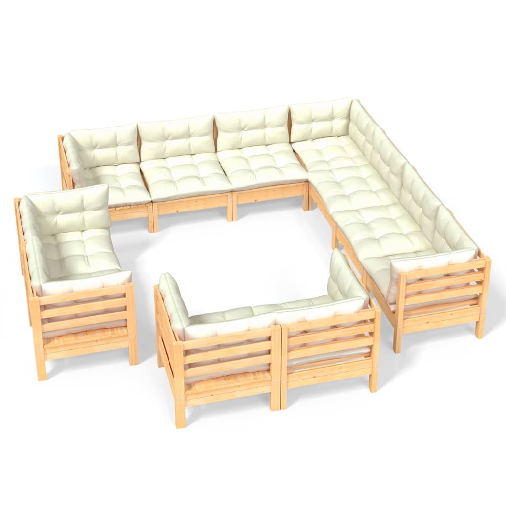 Muebles de jardín 11 pzas y cojines madera maciza de pino crema