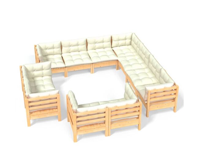Muebles de jardín 11 pzas y cojines madera maciza de pino crema