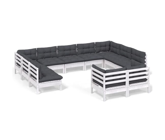 Muebles de jardín 11 pzas y cojines blanco madera maciza pino