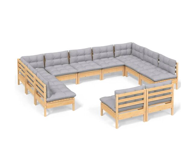 Muebles de jardín 11 pzas y cojines madera maciza de pino gris
