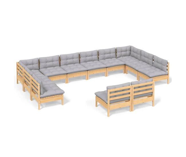 Muebles de jardín 12 pzas y cojines madera maciza de pino gris