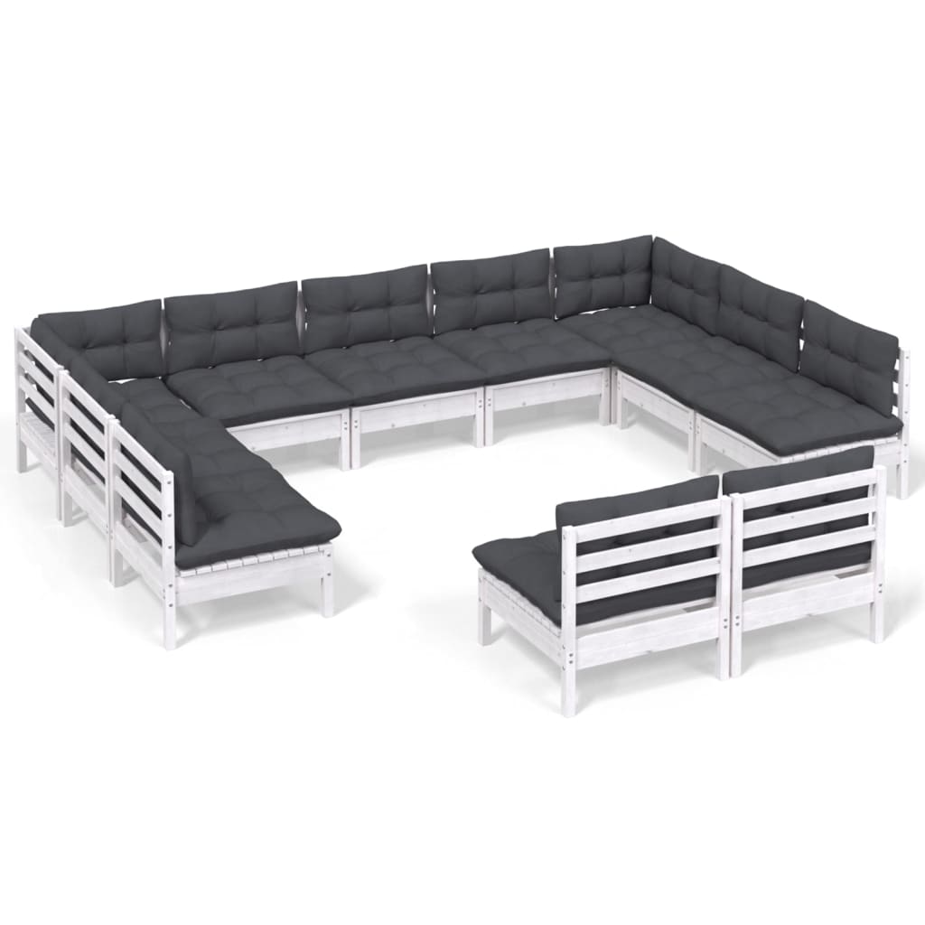Muebles de jardín 11 pzas y cojines blanco madera maciza pino