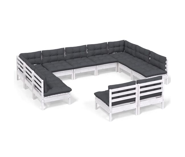 Muebles de jardín 11 pzas y cojines blanco madera maciza pino