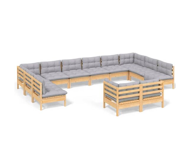 Muebles de jardín 12 pzas y cojines gris madera maciza de pino