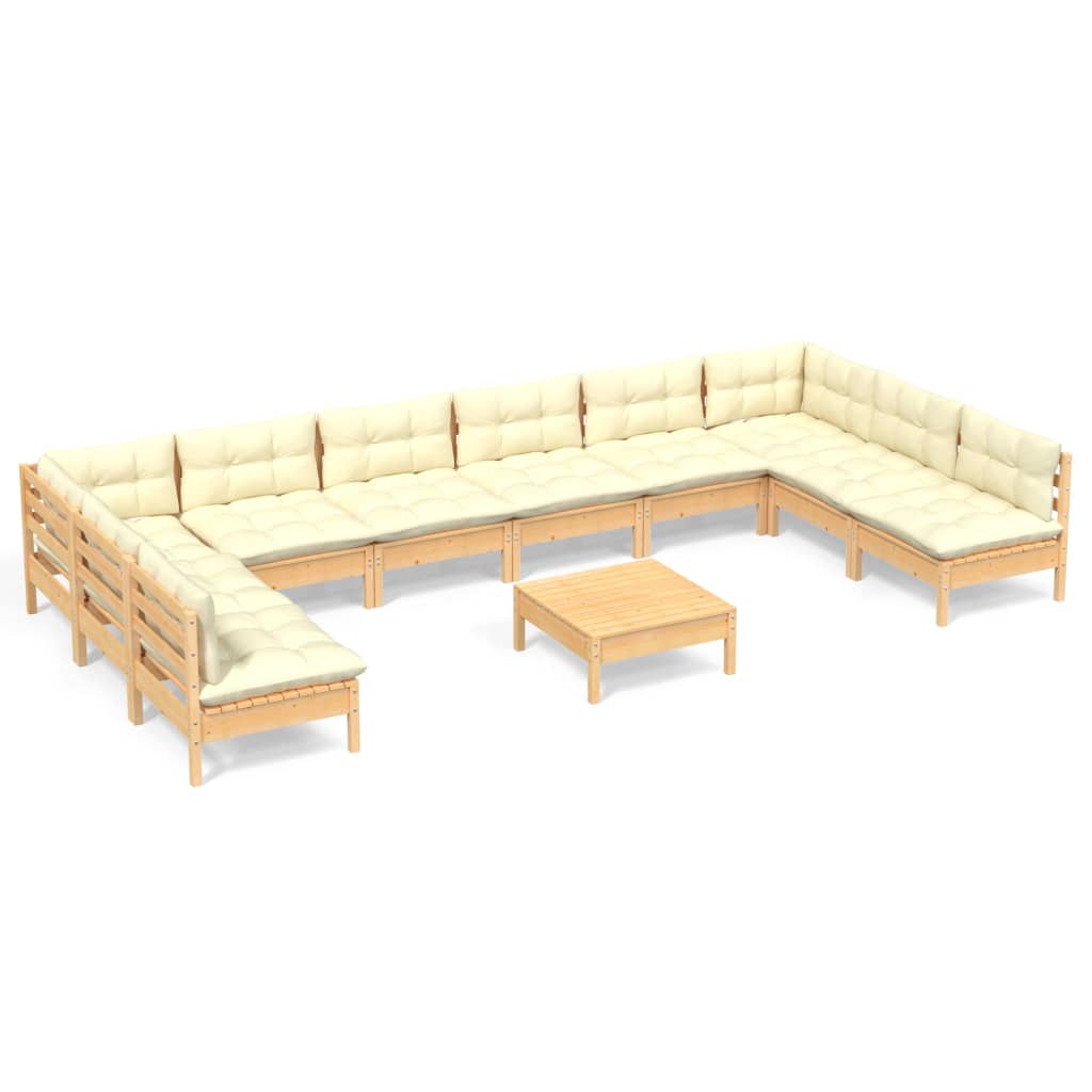 Muebles de jardín 11 pzas y cojines madera maciza de pino crema