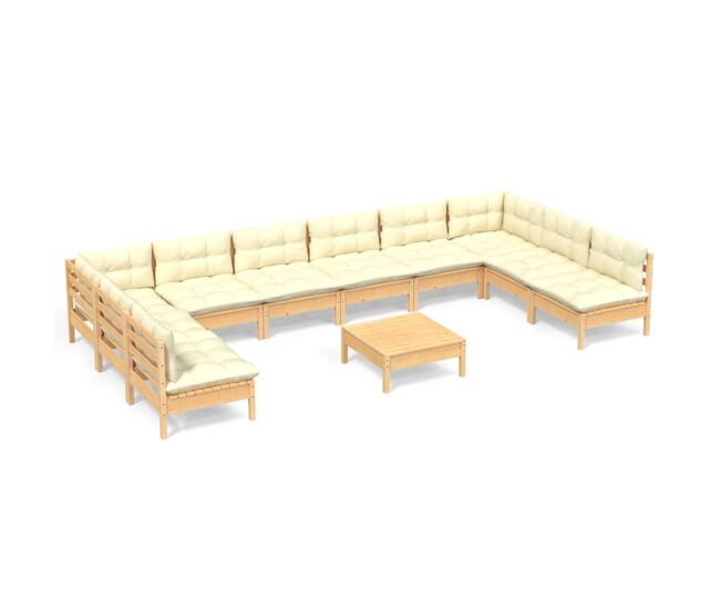 Muebles de jardín 11 pzas y cojines madera maciza de pino crema