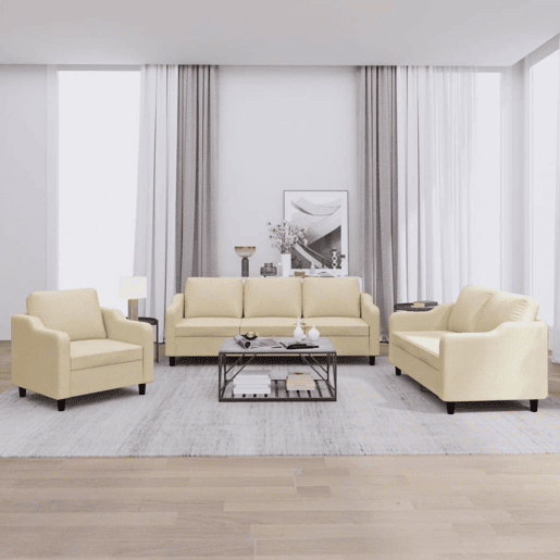 vidaXL 3 pcs conjunto de sofás com almofadões tecido cor creme vidaXL 3 pcs conjunto de sofás com almofadões tecido cor creme