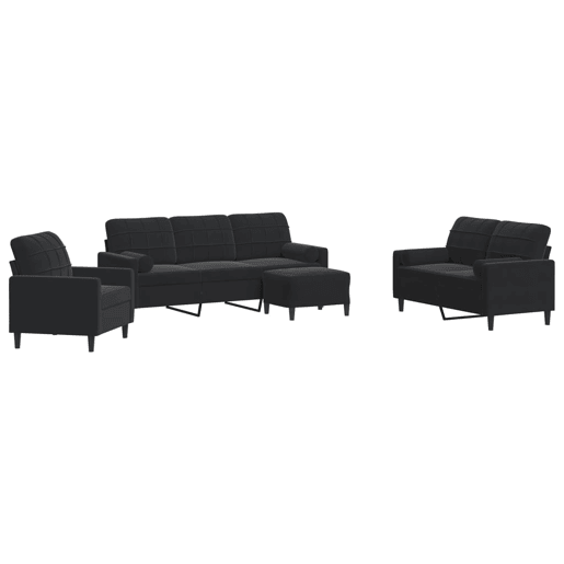 vidaXL 4 pcs conjunto de sofás com almofadões e rolos veludo preto