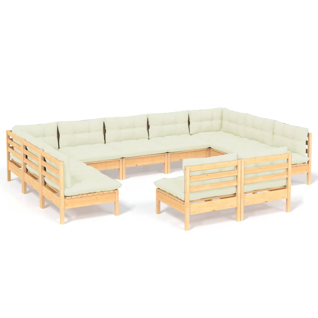 Muebles de jardín 11 pzas y cojines madera maciza de pino crema