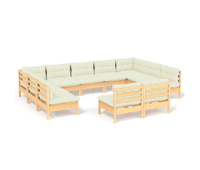 Muebles de jardín 11 pzas y cojines madera maciza de pino crema